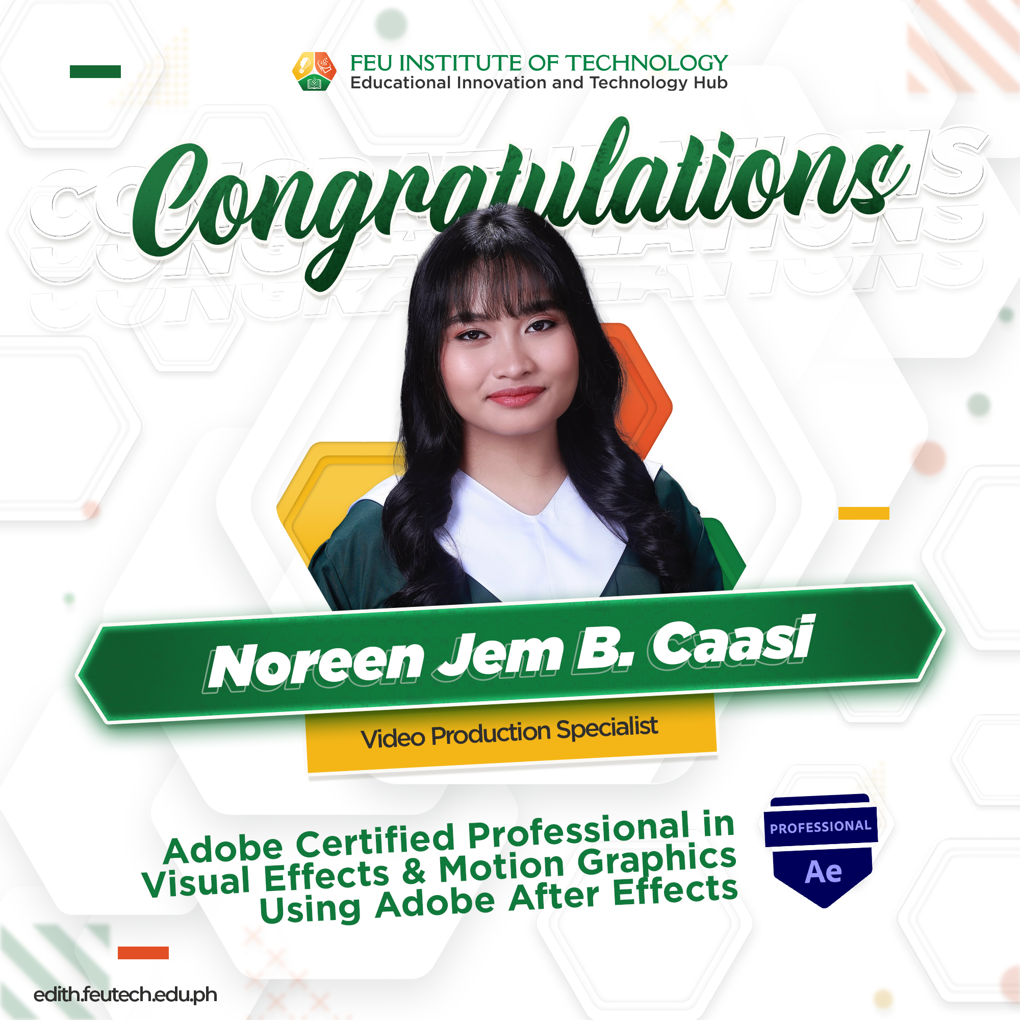 Noreen Jem B. Caasi is now an Adobe Certified Professional in Visual Effects & Motion Graphics Using Adobe After Effects
