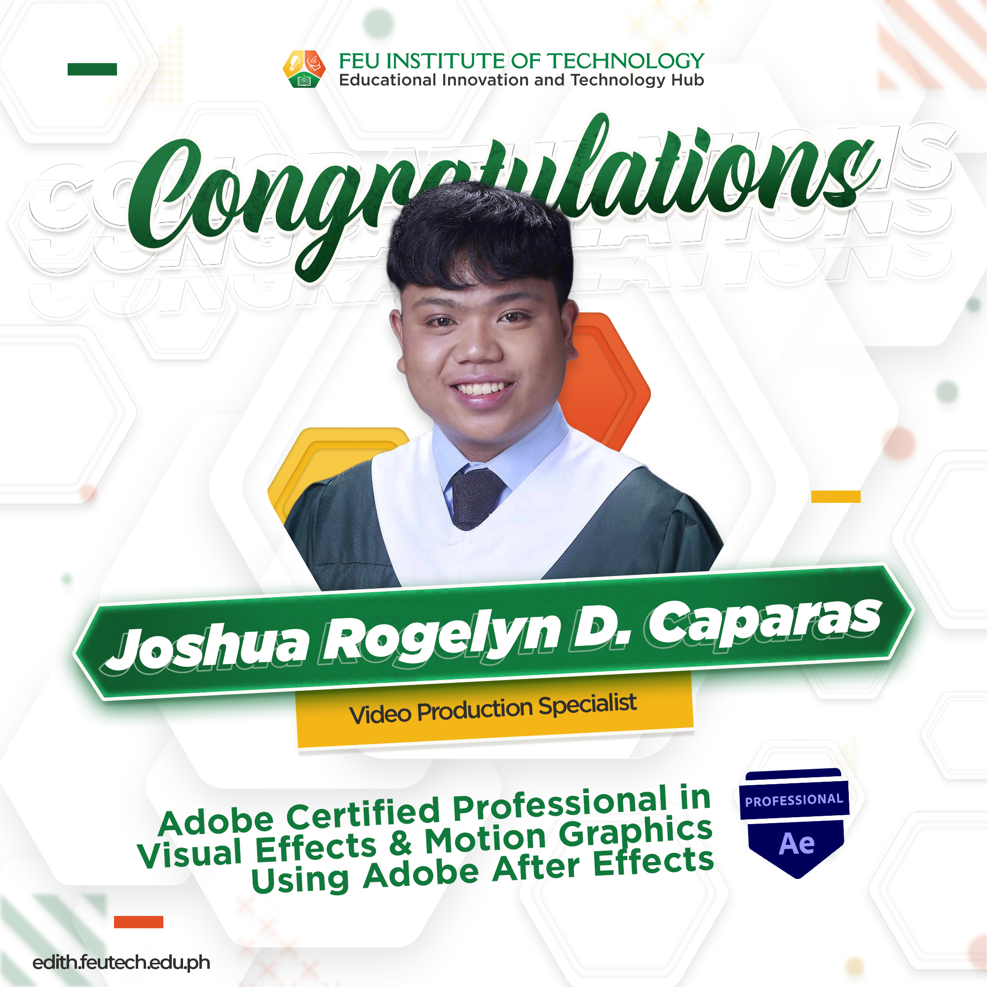 Joshua Rogelyn D. Caparas is now an Adobe Certified Professional in Visual Effects & Motion Graphics Using Adobe After Effects