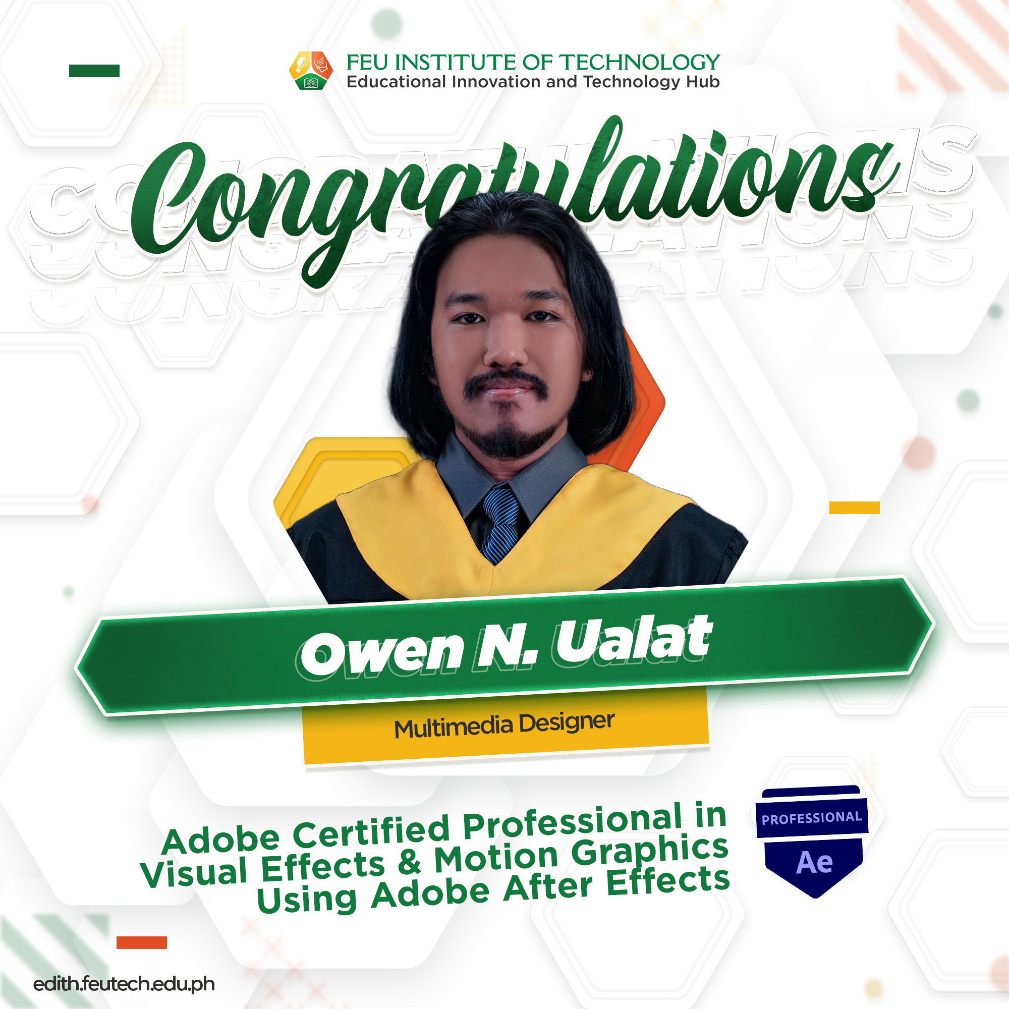Owen N. Ualat is now an Adobe Certified Professional in Visual Effects & Motion Graphics Using Adobe After Effects