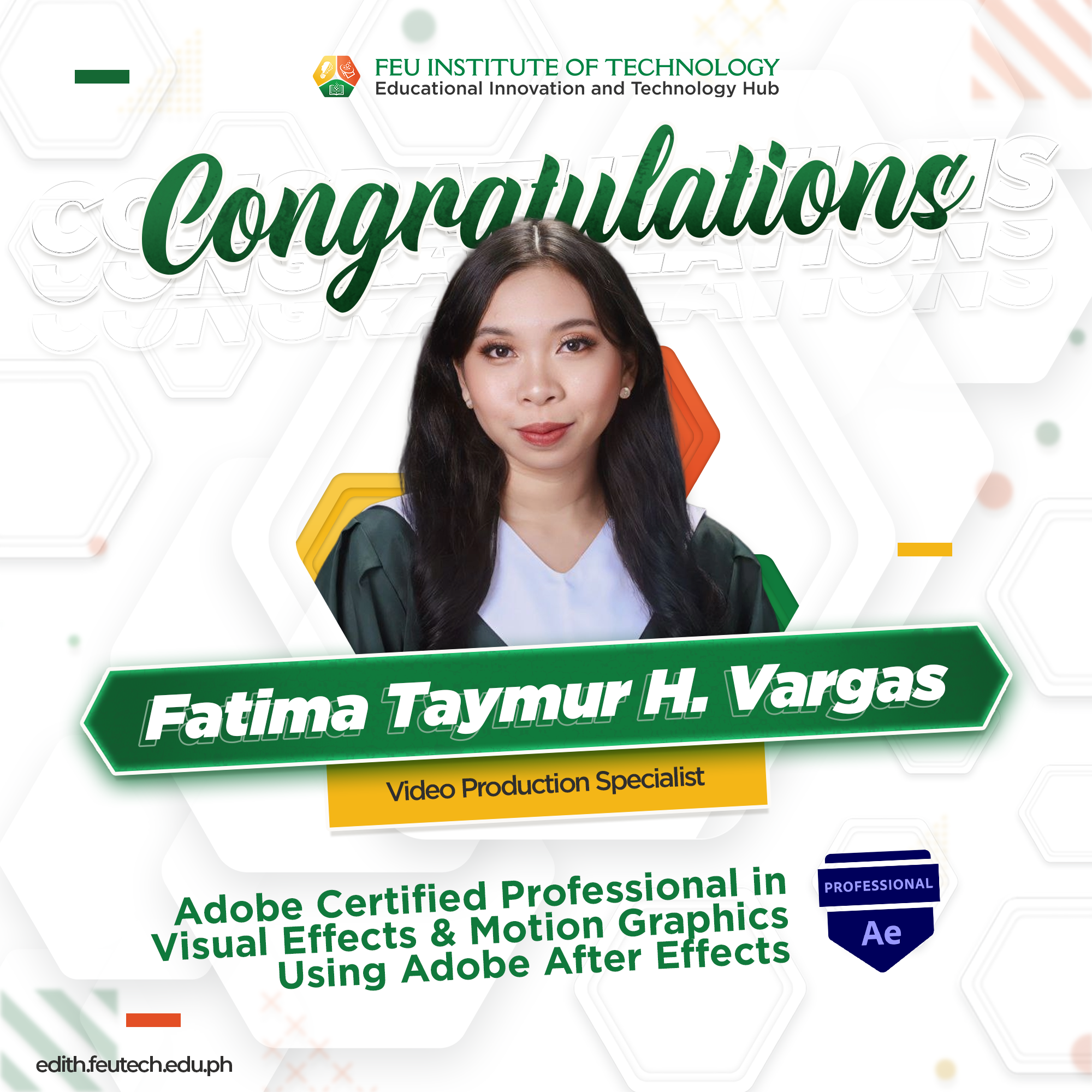 Fatima Taymur H. Vargas is now an Adobe Certified Professional in Visual Effects & Motion Graphics Using Adobe After Effects